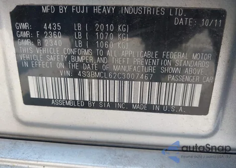 2012 Subaru Legacy 2.5I Limited from USA, damaged, VIN 4S3BMCL62C3007467